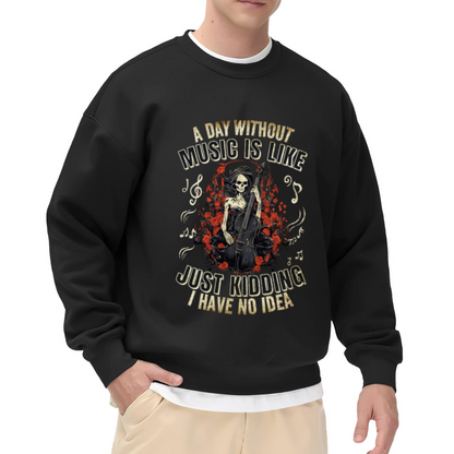 A Day Without Music Gothic Skeleton Cellist Crewneck Sweatshirt | Dark Humor Roses Music Graphic Pullover, Musician Gift