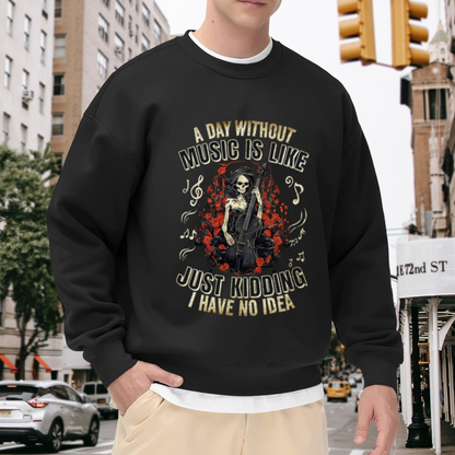 A Day Without Music Gothic Skeleton Cellist Crewneck Sweatshirt | Dark Humor Roses Music Graphic Pullover, Musician Gift