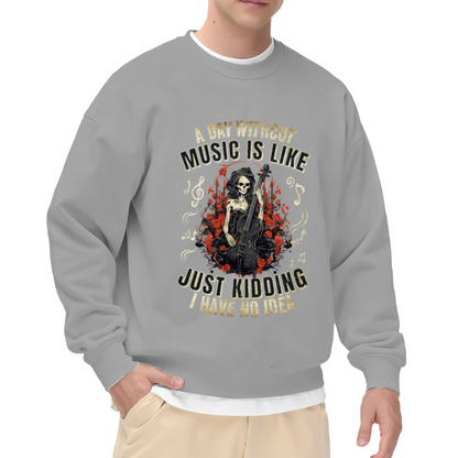 A Day Without Music Gothic Skeleton Cellist Crewneck Sweatshirt | Dark Humor Roses Music Graphic Pullover, Musician Gift