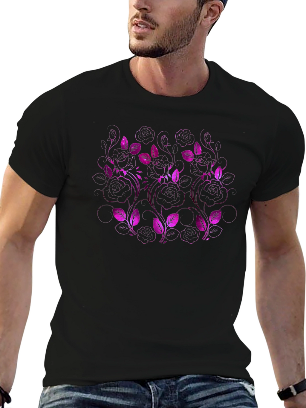 Floral Pattern Black T-Shirt for Men