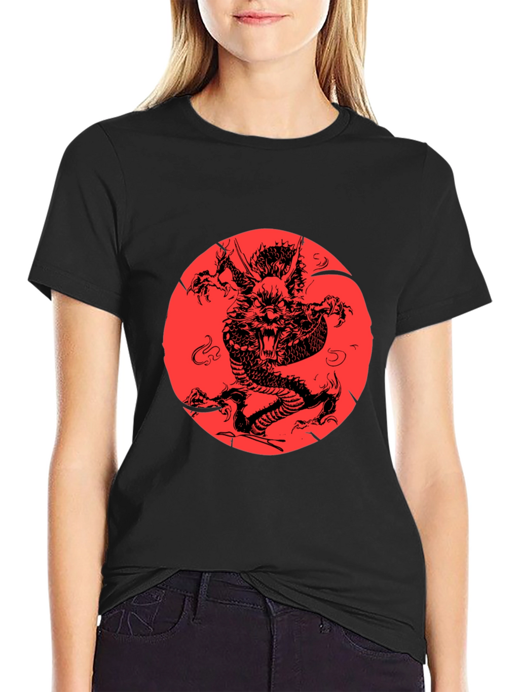 Dragon Graphic Print Black Crewneck T-Shirt
