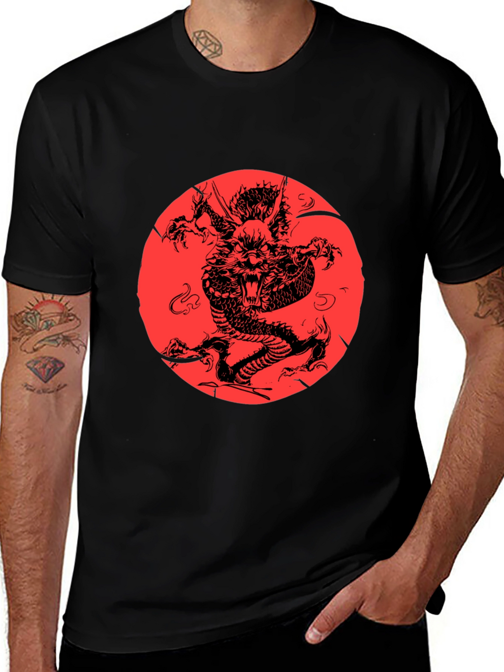Dragon Graphic Print Black Crewneck T-Shirt
