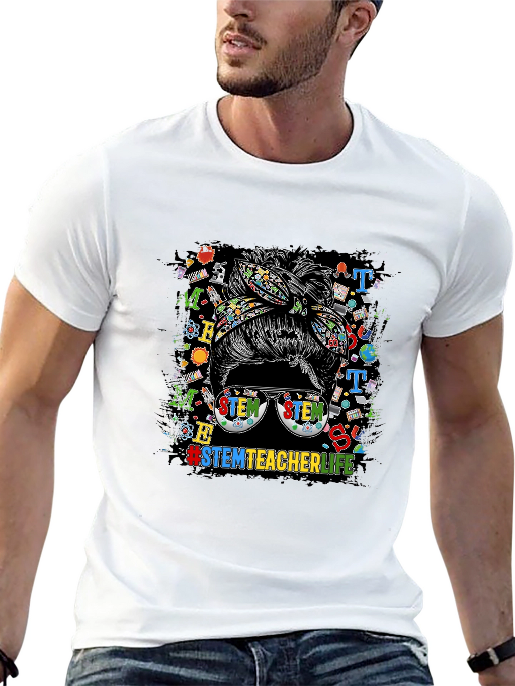STEM Teacher Life Messy Bun Graphic Tee