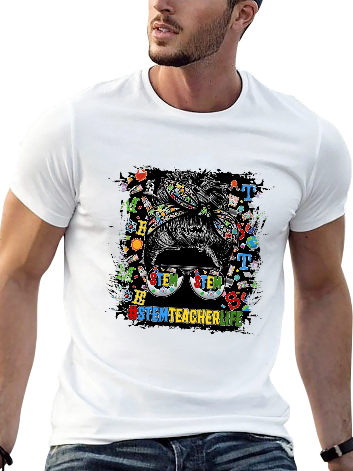 STEM Teacher Life Messy Bun Graphic Tee