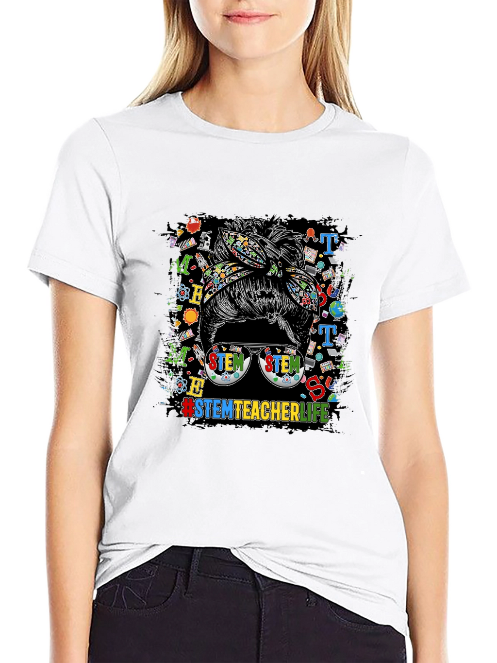 STEM Teacher Life Messy Bun Graphic Tee