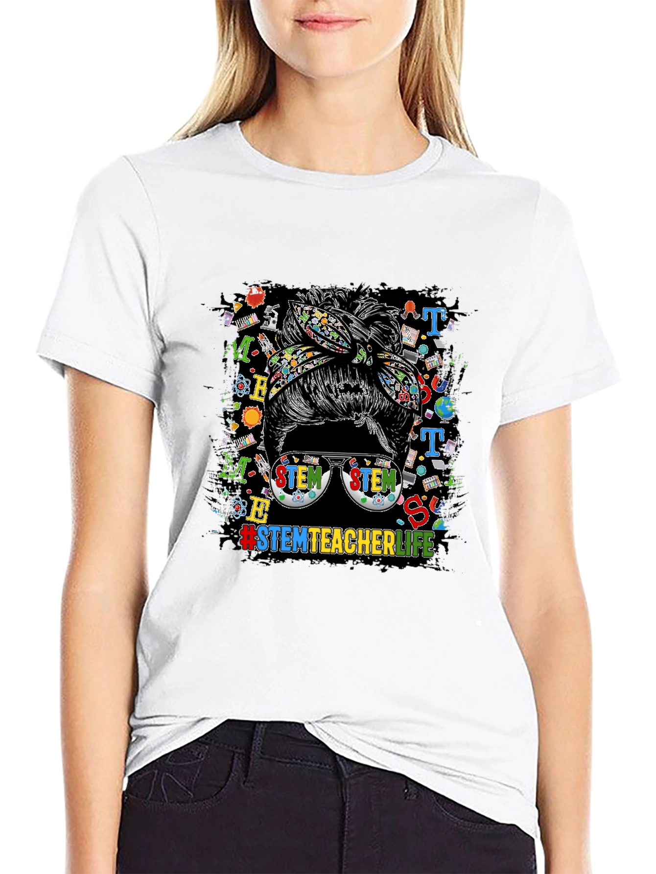 STEM Teacher Life Messy Bun Graphic Tee