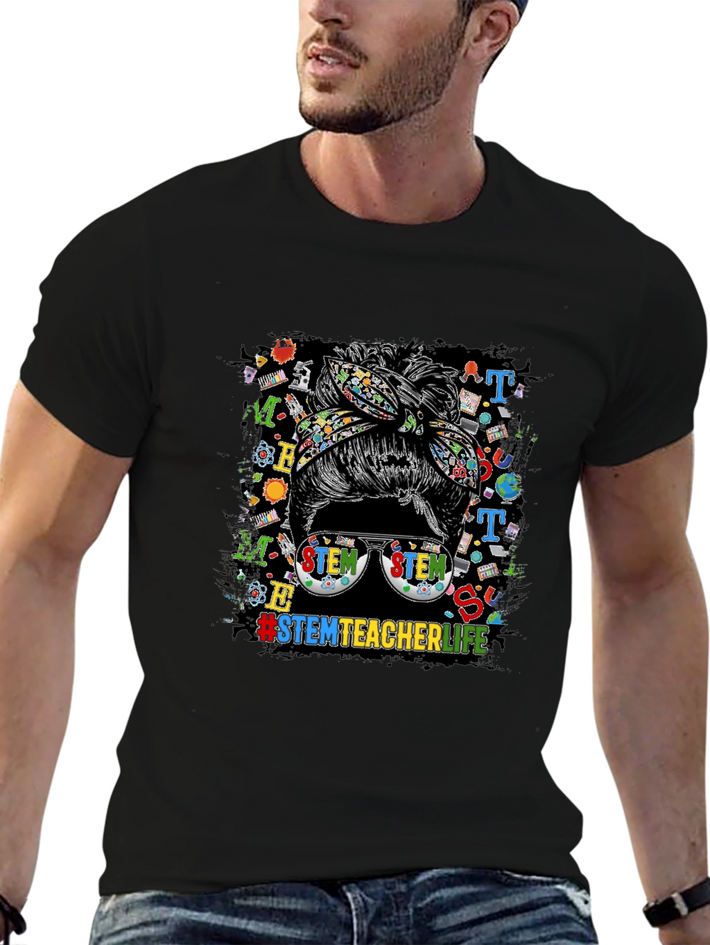 STEM Teacher Life Messy Bun Graphic Tee