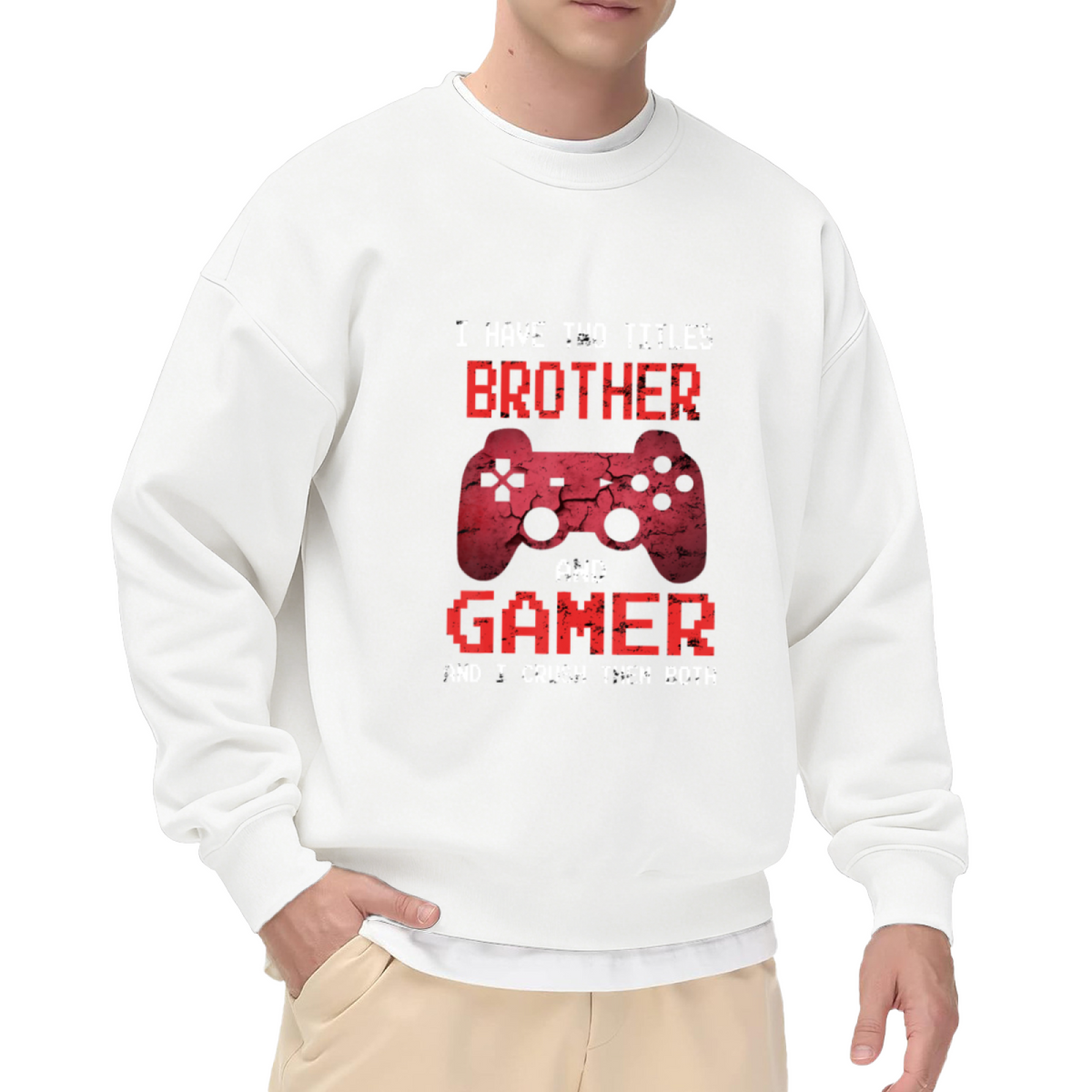 Brother And Gamer Controller Crewneck Sweatshirt | Funny Gamer Brother Pullover, Cracked Game Controller Graphic Top, Gaming Gift
