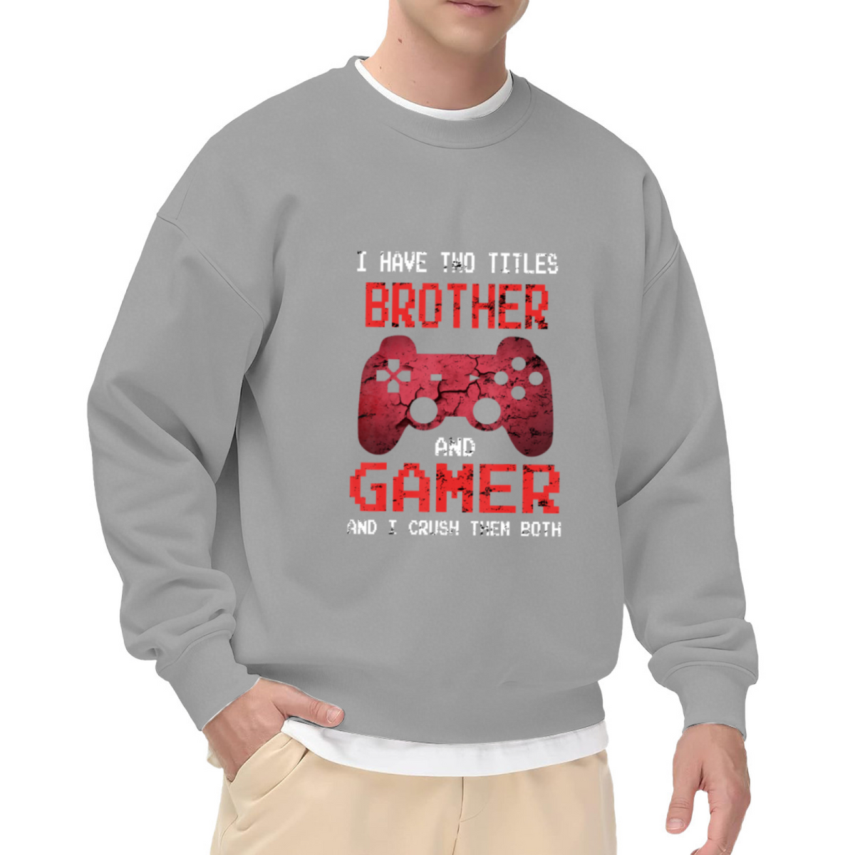 Brother And Gamer Controller Crewneck Sweatshirt | Funny Gamer Brother Pullover, Cracked Game Controller Graphic Top, Gaming Gift