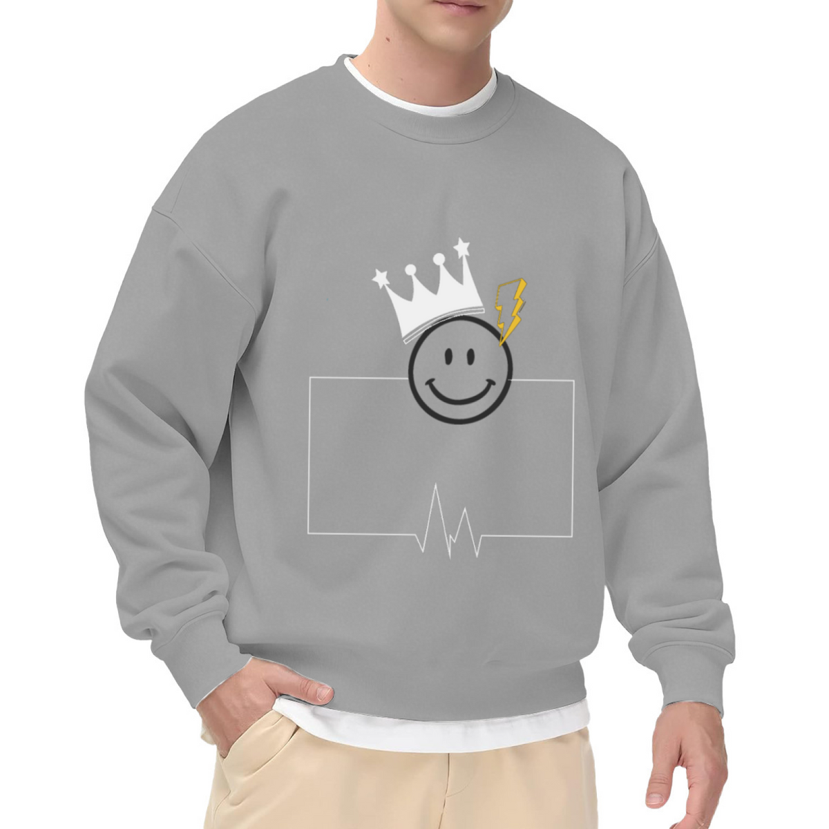 Smiley Crown Lightning Bolt Crewneck Sweatshirt | Minimalist Streetwear Heartbeat Graphic Pullover, Cool Casual Top