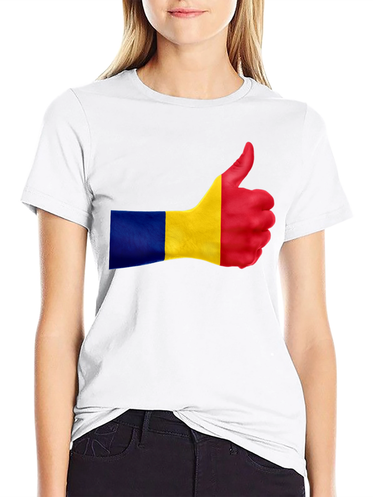 Romania Flag Thumbs Up Black T-Shirt
