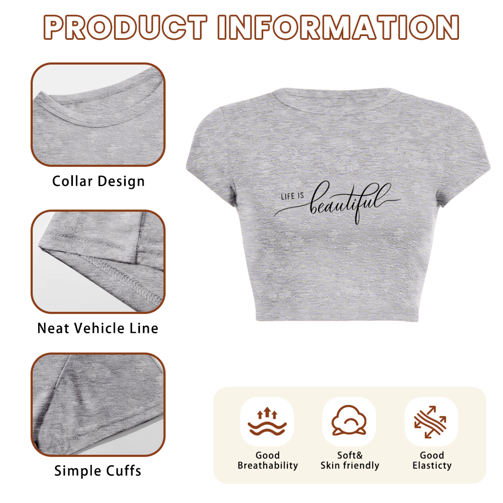 Elegant Cursive Life Is Beautiful Grey Crop Top ¨C Soft Positive Vibe Tee 15.
