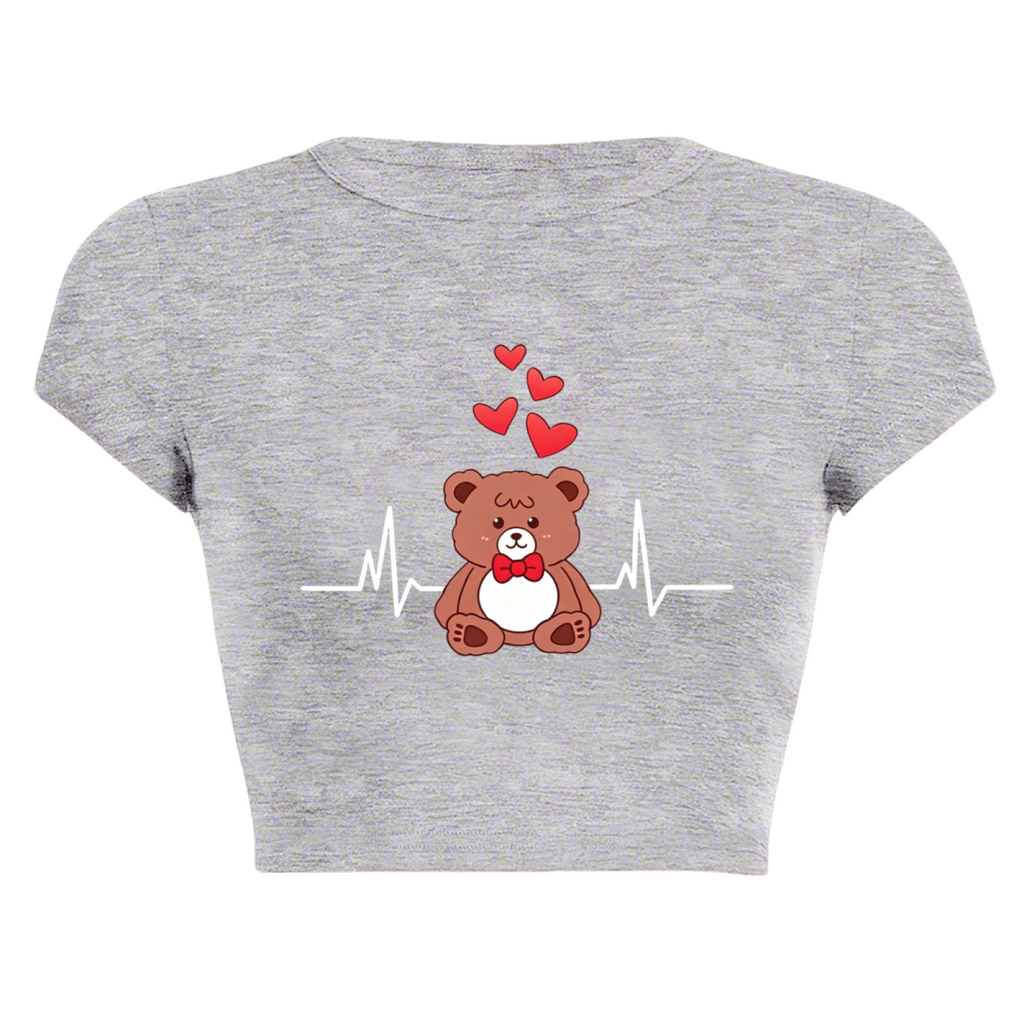 Kawaii Bear Heartbeat Love Grey Crop Tee ¨C Cute Cartoon Daily Baby Top