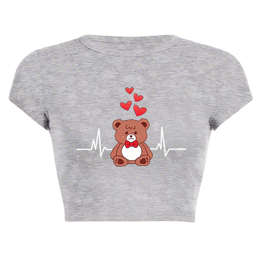 Kawaii Bear Heartbeat Love Grey Crop Tee ¨C Cute Cartoon Daily Baby Top