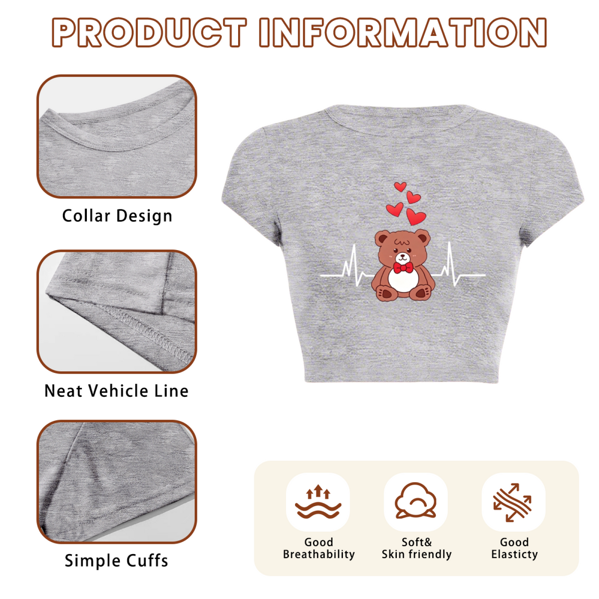 Kawaii Bear Heartbeat Love Grey Crop Tee ¨C Cute Cartoon Daily Baby Top