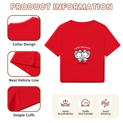 Happy Birthday Hello Kitty Twins Red Cropped Graphic Tee