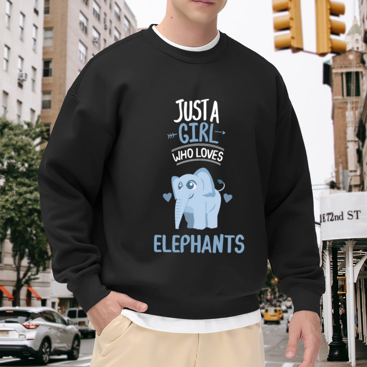 Just A Girl Who Loves Elephants Crewneck Sweatshirt - Cute Blue Elephant Graphic, Animal Lover Gift Pullover