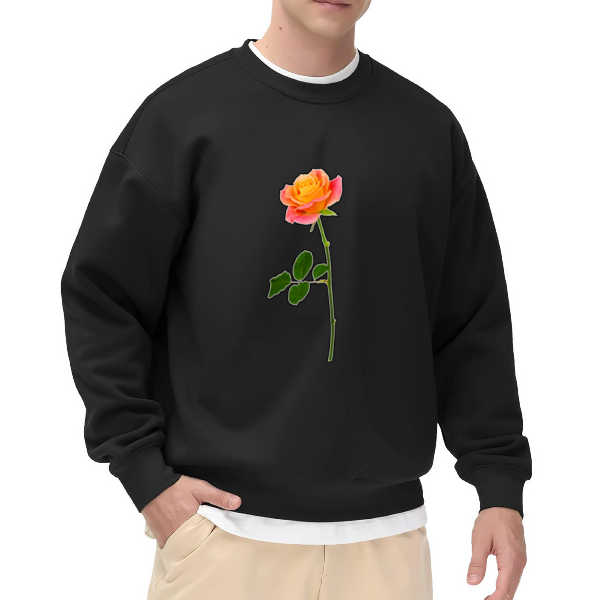 Single Rose Stem Sweatshirt | Hand-Drawn Botanical Floral Graphic Crewneck, Minimalist Flower Pullover Top, Rose Lover Gift for Women