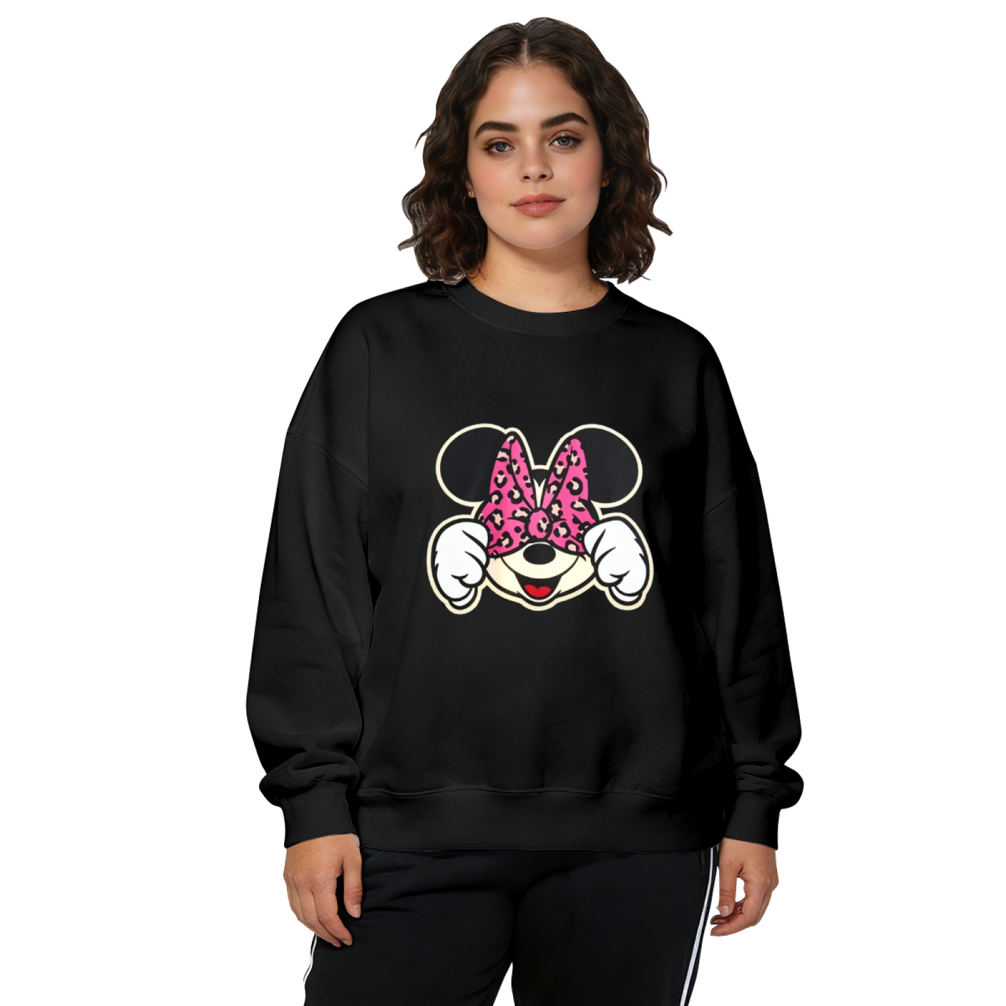 Trendy Leopard Bow Minnie Mouse Black Crewneck Sweatshirt