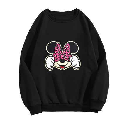 Trendy Leopard Bow Minnie Mouse Black Crewneck Sweatshirt