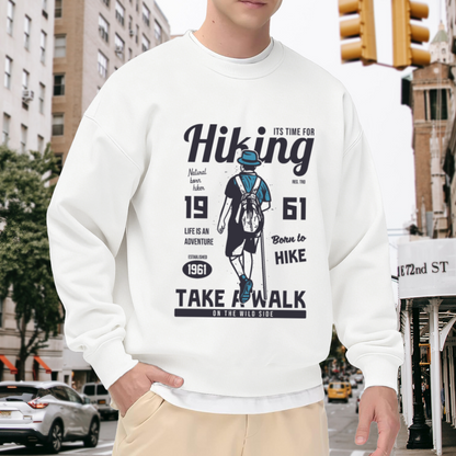Born To Hike Sweatshirt | Vintage Hiker With Backpack Graphic Crewneck, Life Is An Adventure Pullover Top, Outdoor Camping Gift for Men Women