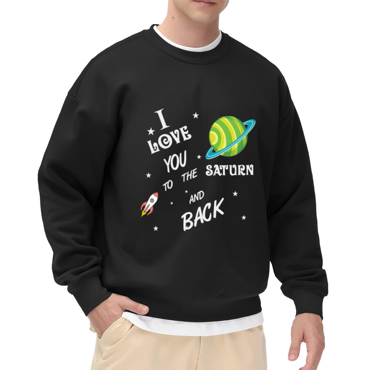 I Love You To The Saturn And Back Sweatshirt | Cute Cartoon Space Graphic Crewneck, Rocket Planet Pullover Top, Romantic Gift for Couples
