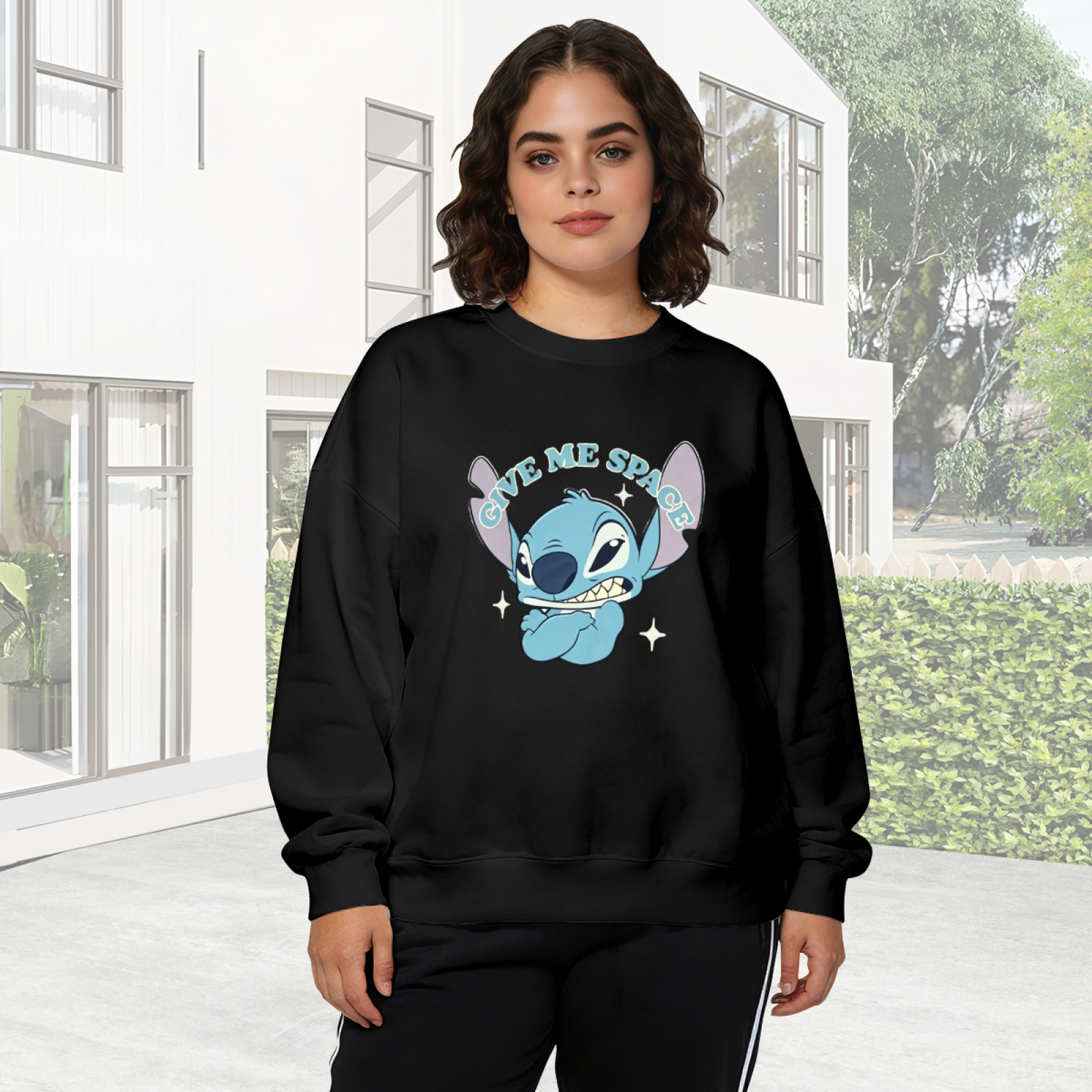 Cool Stitch Give Me Space Graphic Black Crewneck Sweatshirt