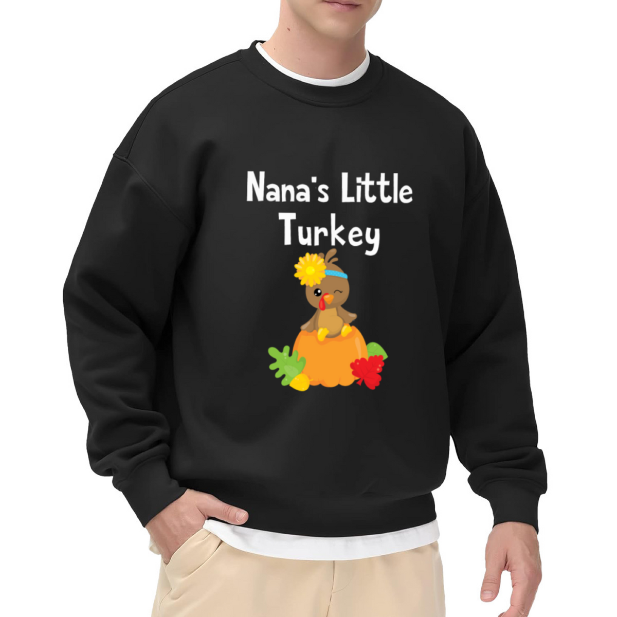 Nana's Little Turkey Cute Baby Turkey Pumpkin Crewneck Sweatshirt | Thanksgiving Family Pullover, Grandma Gift