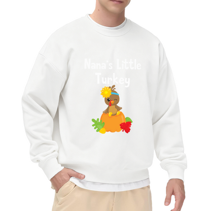 Nana's Little Turkey Cute Baby Turkey Pumpkin Crewneck Sweatshirt | Thanksgiving Family Pullover, Grandma Gift