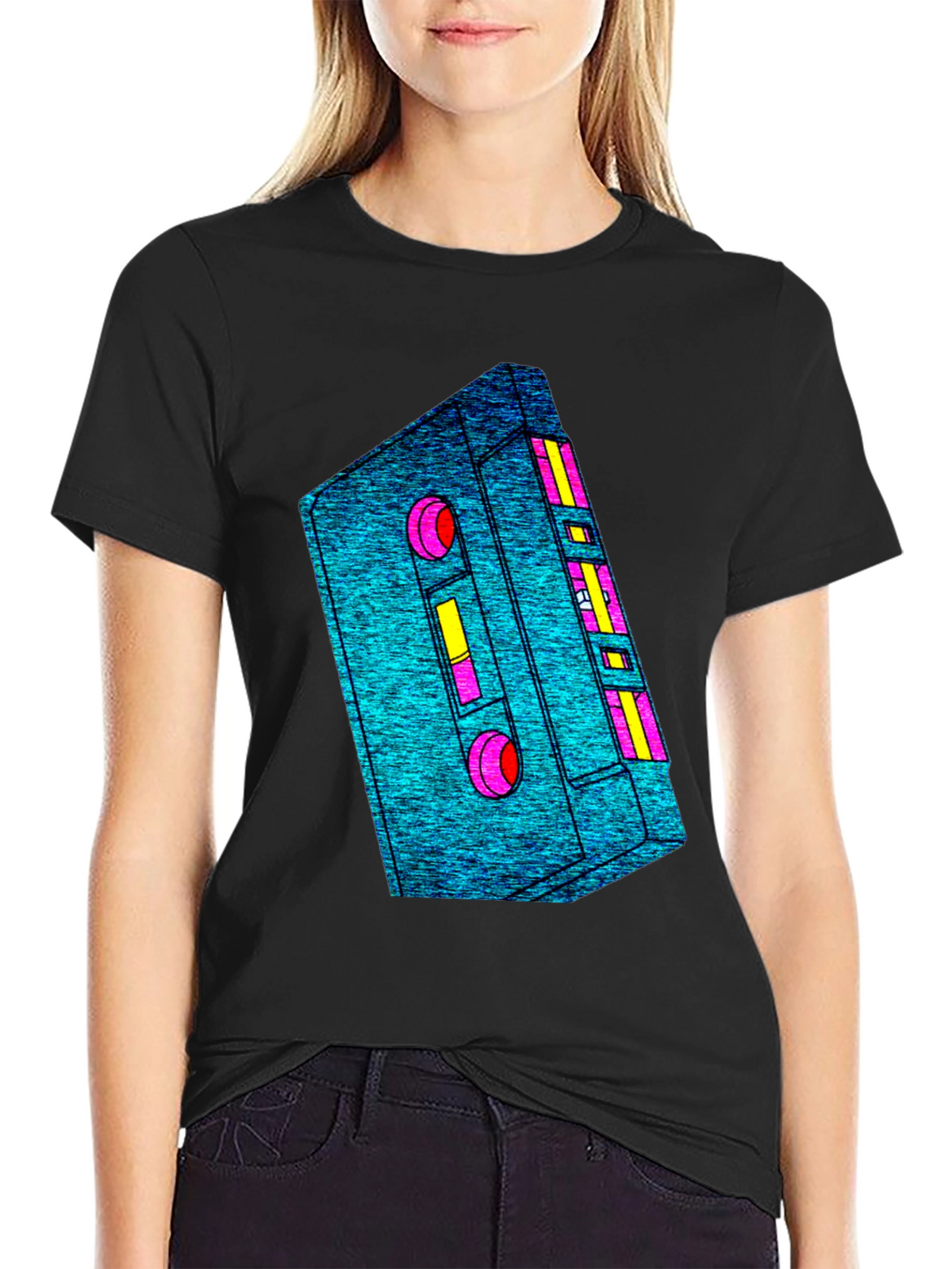 Retro Cassette Tape Graphic Tee - Black Cotton T-Shirt