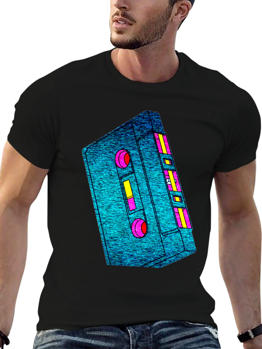 Retro Cassette Tape Graphic Tee - Black Cotton T-Shirt