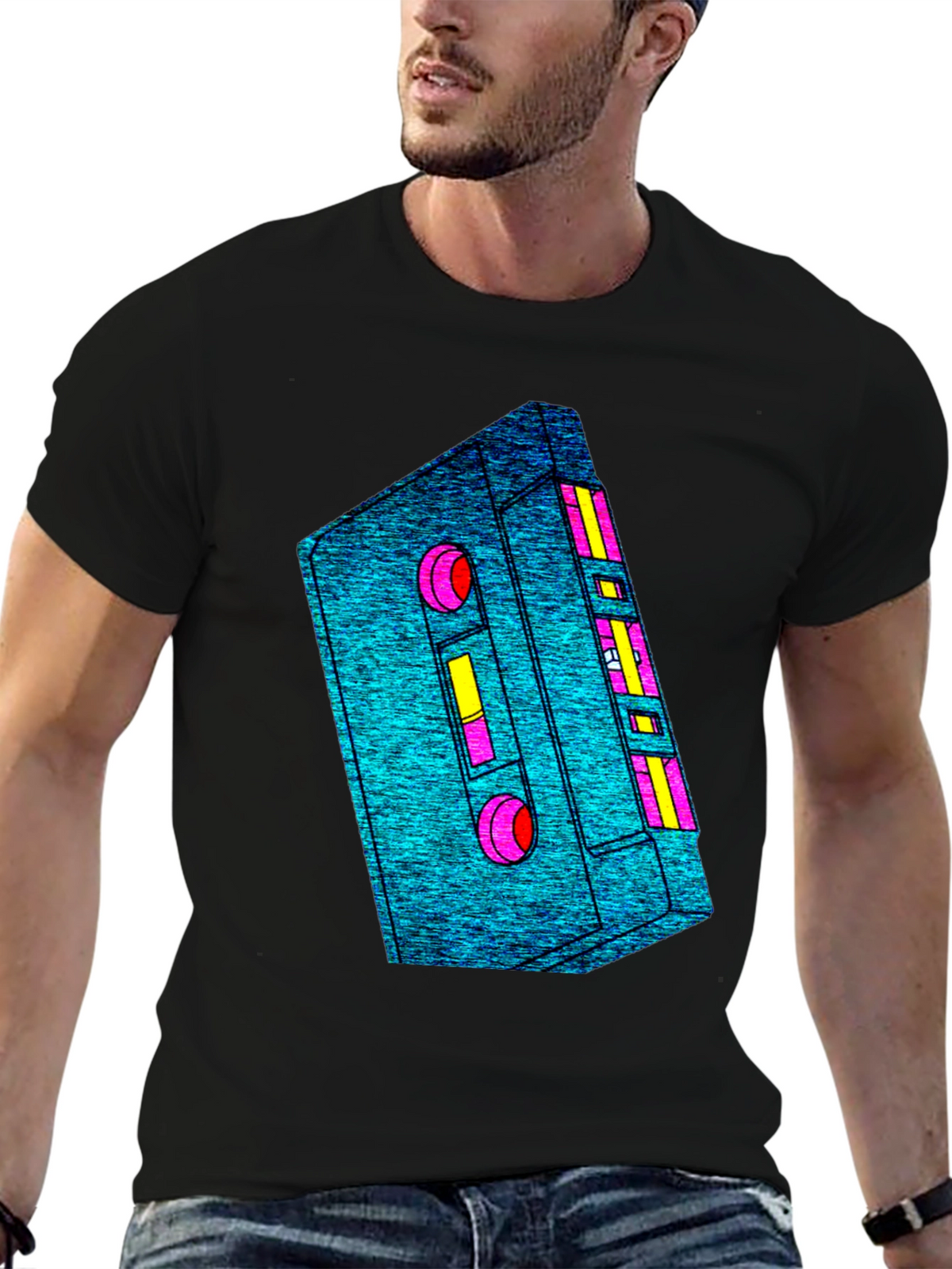 Retro Cassette Tape Graphic Tee - Black Cotton T-Shirt