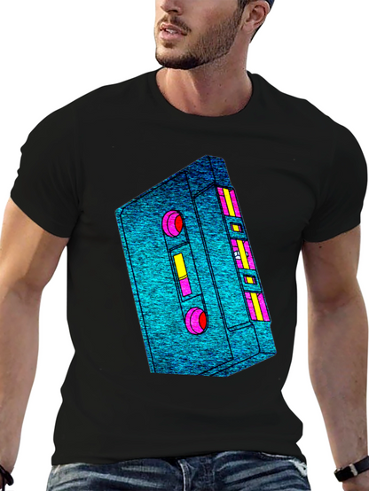 Retro Cassette Tape Graphic Tee - Black Cotton T-Shirt