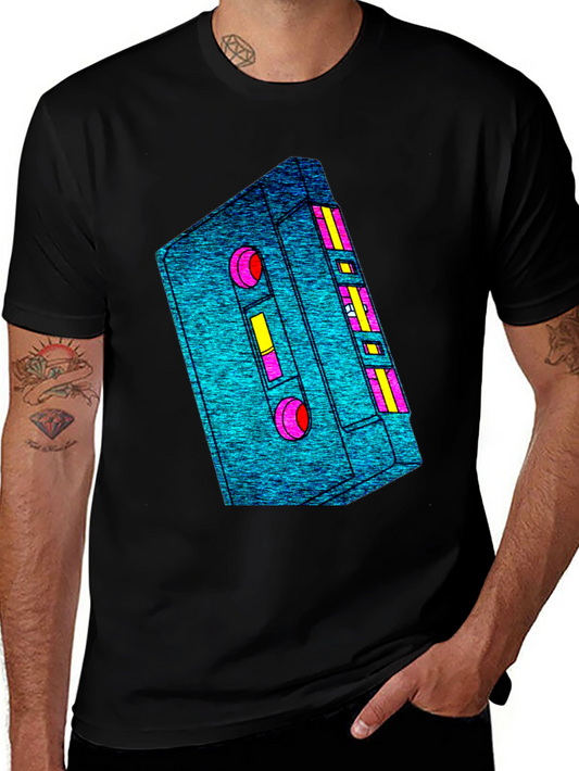 Retro Cassette Tape Graphic Tee - Black Cotton T-Shirt
