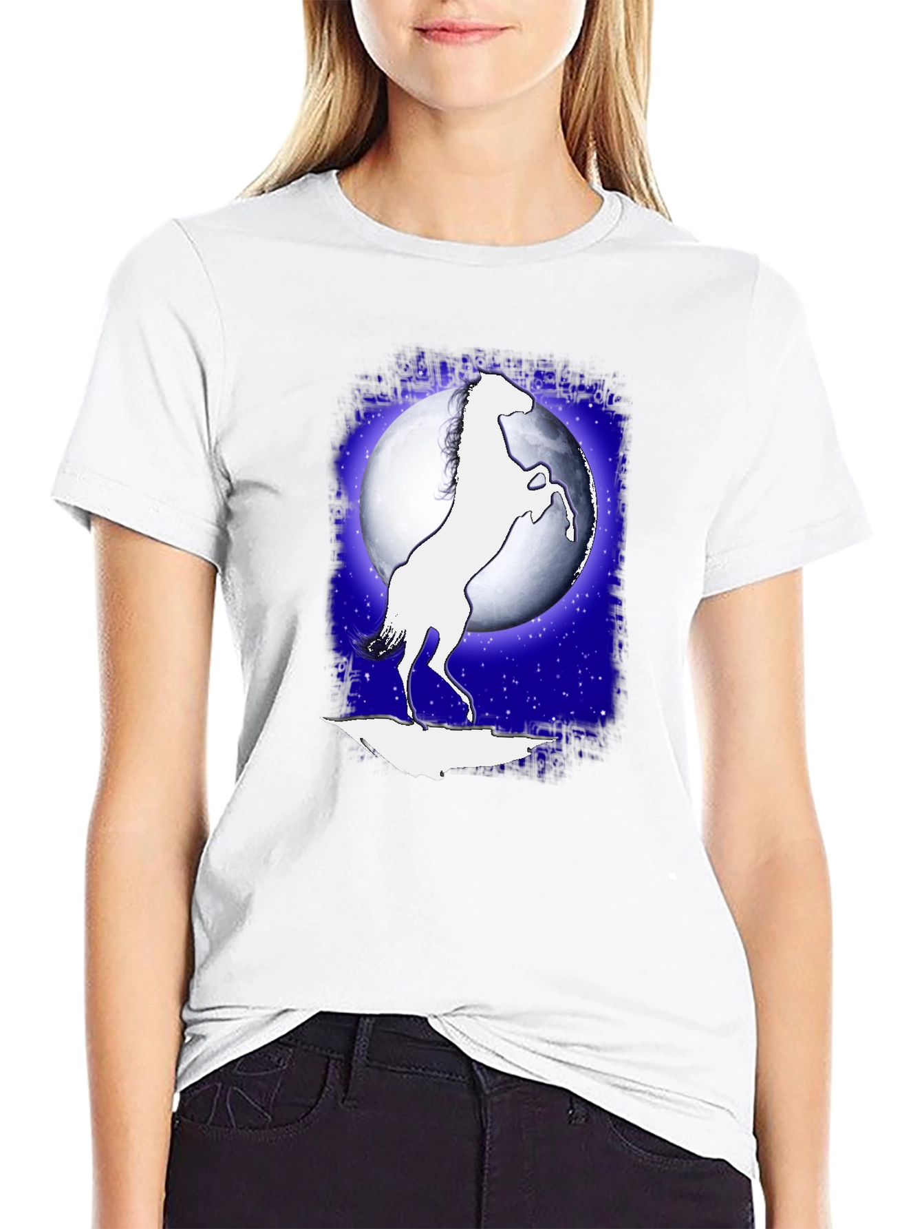 Horse Silhouette Moon Graphic Black T-Shirt