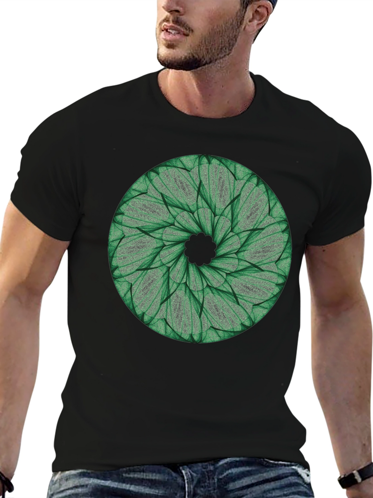 Green Leaf Mandala T-Shirt - Nature Inspired Design
