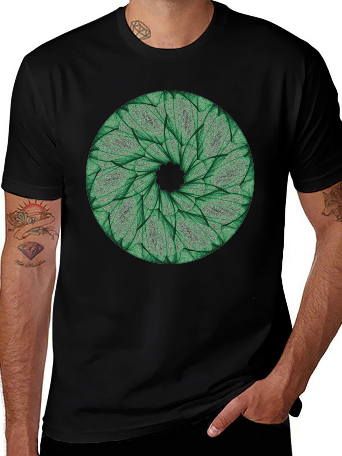 Green Leaf Mandala T-Shirt - Nature Inspired Design