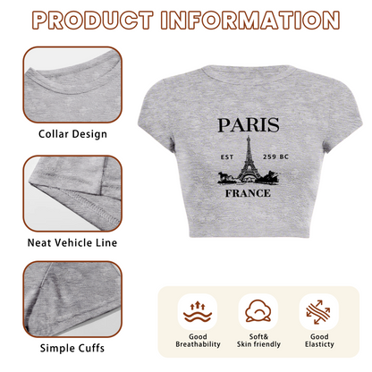 Retro Paris Eiffel Tower Grey Crop Tee ¨C Vintage Travel Aesthetic Top