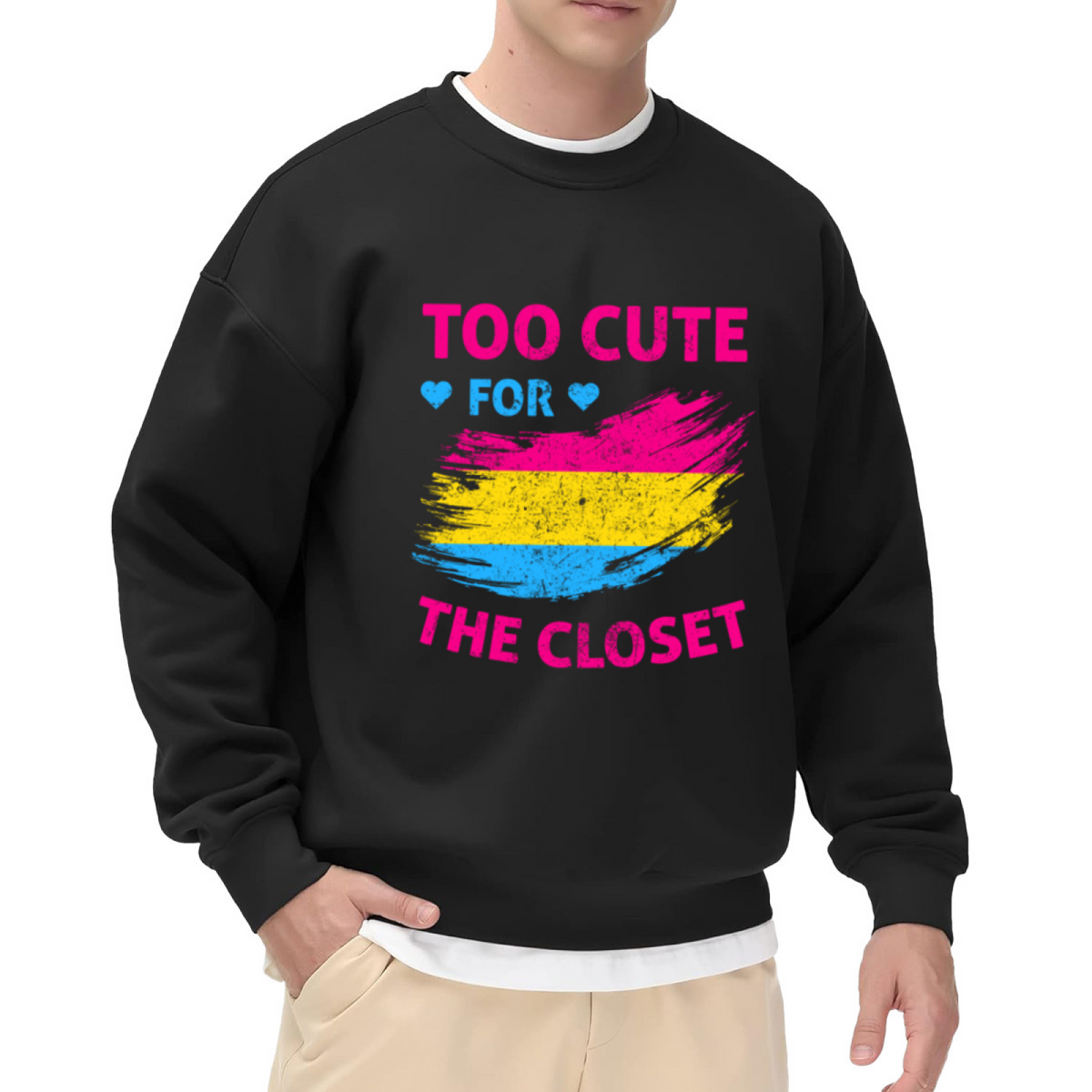 Too Cute For The Closet Pansexual Pride Crewneck Sweatshirt, Brushstroke Flag Pullover, LGBTQ Gift