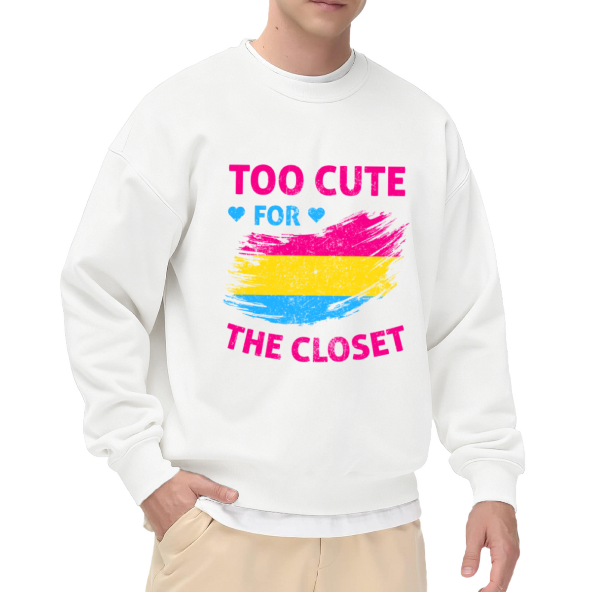 Too Cute For The Closet Pansexual Pride Crewneck Sweatshirt, Brushstroke Flag Pullover, LGBTQ Gift