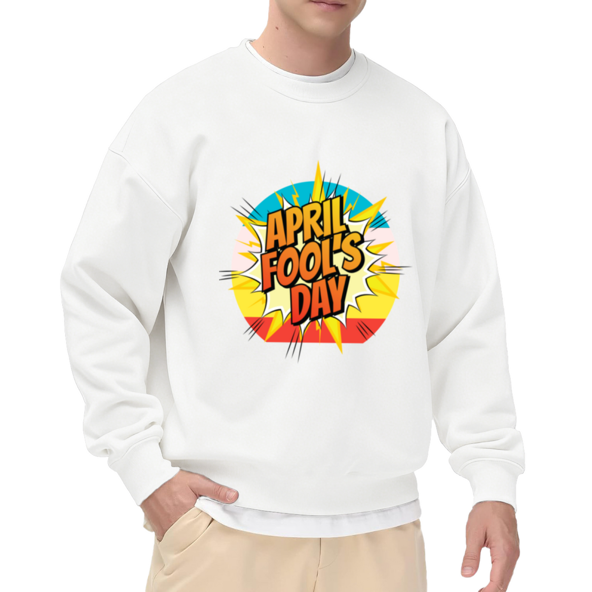 April Fools Day Sweatshirt | Pop Art Comic Explosion Graphic Crewneck, Retro Cartoon Pullover Top, Prank Day Gift for Men Women