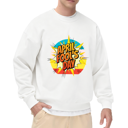 April Fools Day Sweatshirt | Pop Art Comic Explosion Graphic Crewneck, Retro Cartoon Pullover Top, Prank Day Gift for Men Women