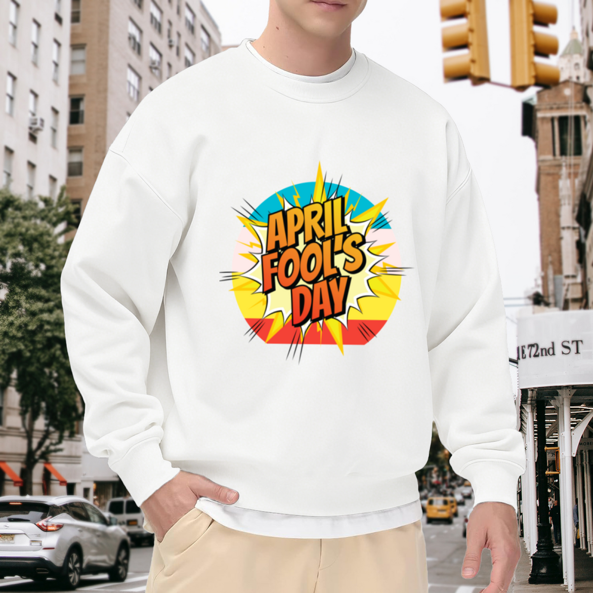 April Fools Day Sweatshirt | Pop Art Comic Explosion Graphic Crewneck, Retro Cartoon Pullover Top, Prank Day Gift for Men Women
