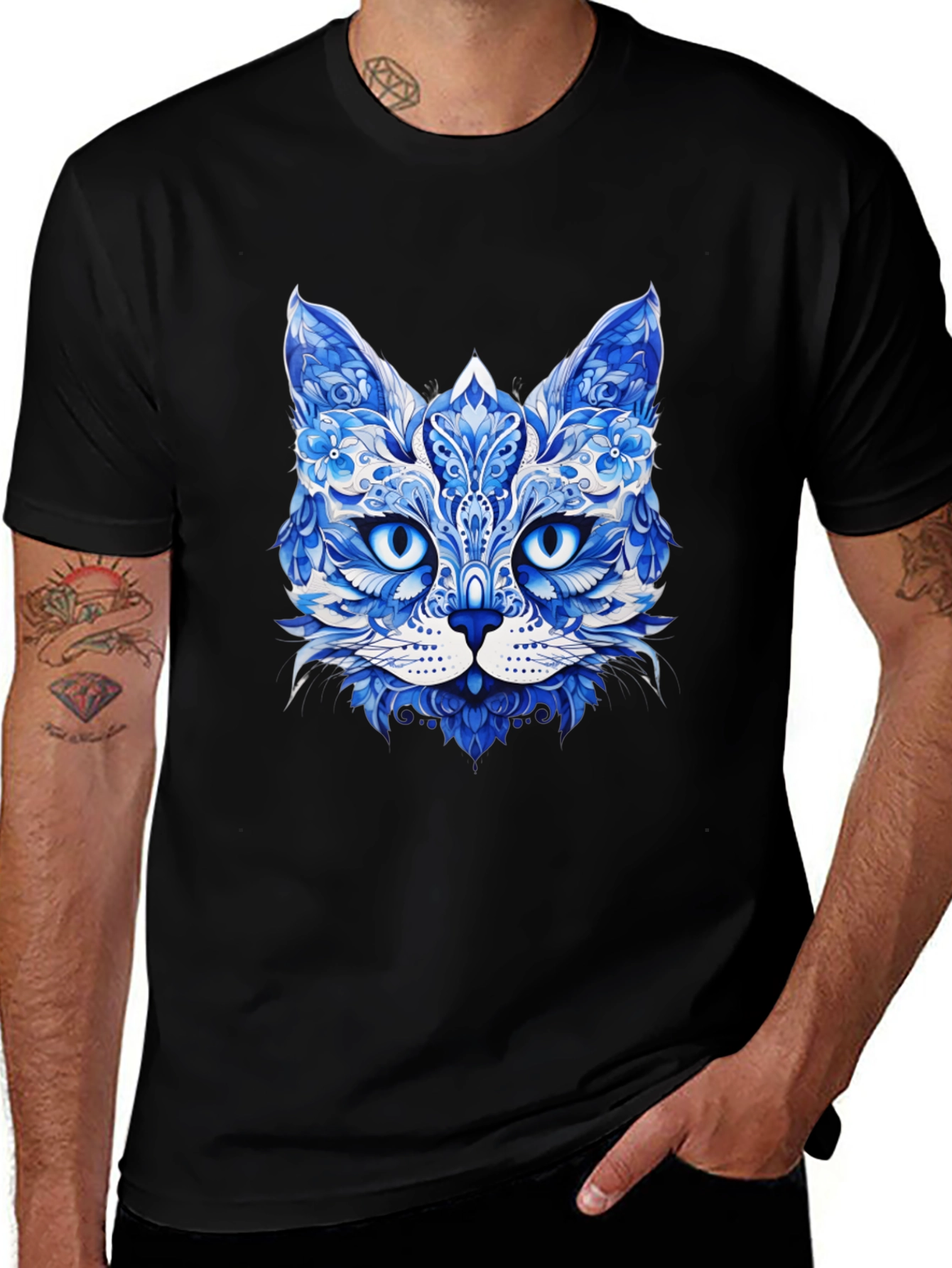 Blue Floral Cat Graphic Tee - Unique Artistic Design