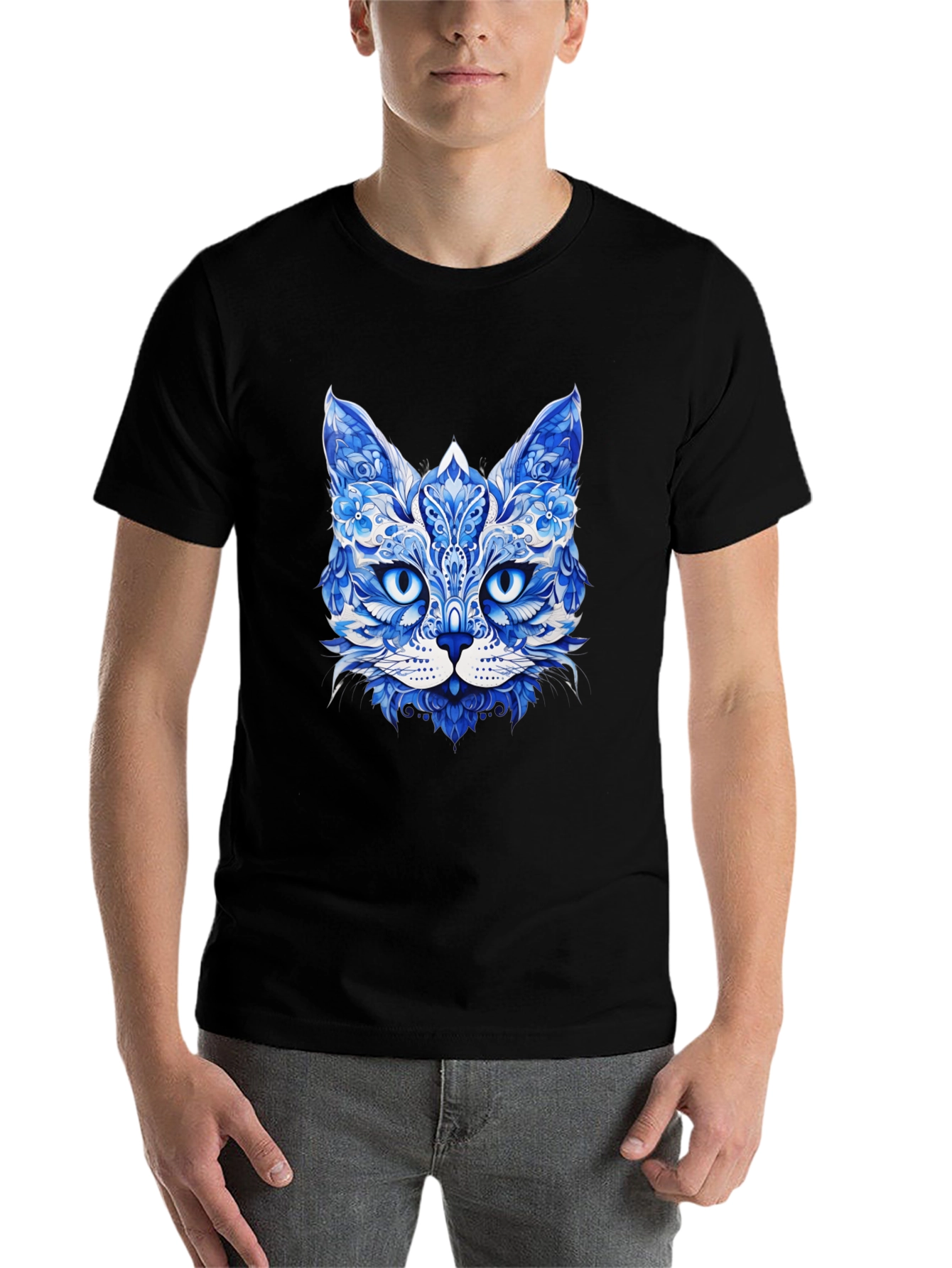 Blue Floral Cat Graphic Tee - Unique Artistic Design