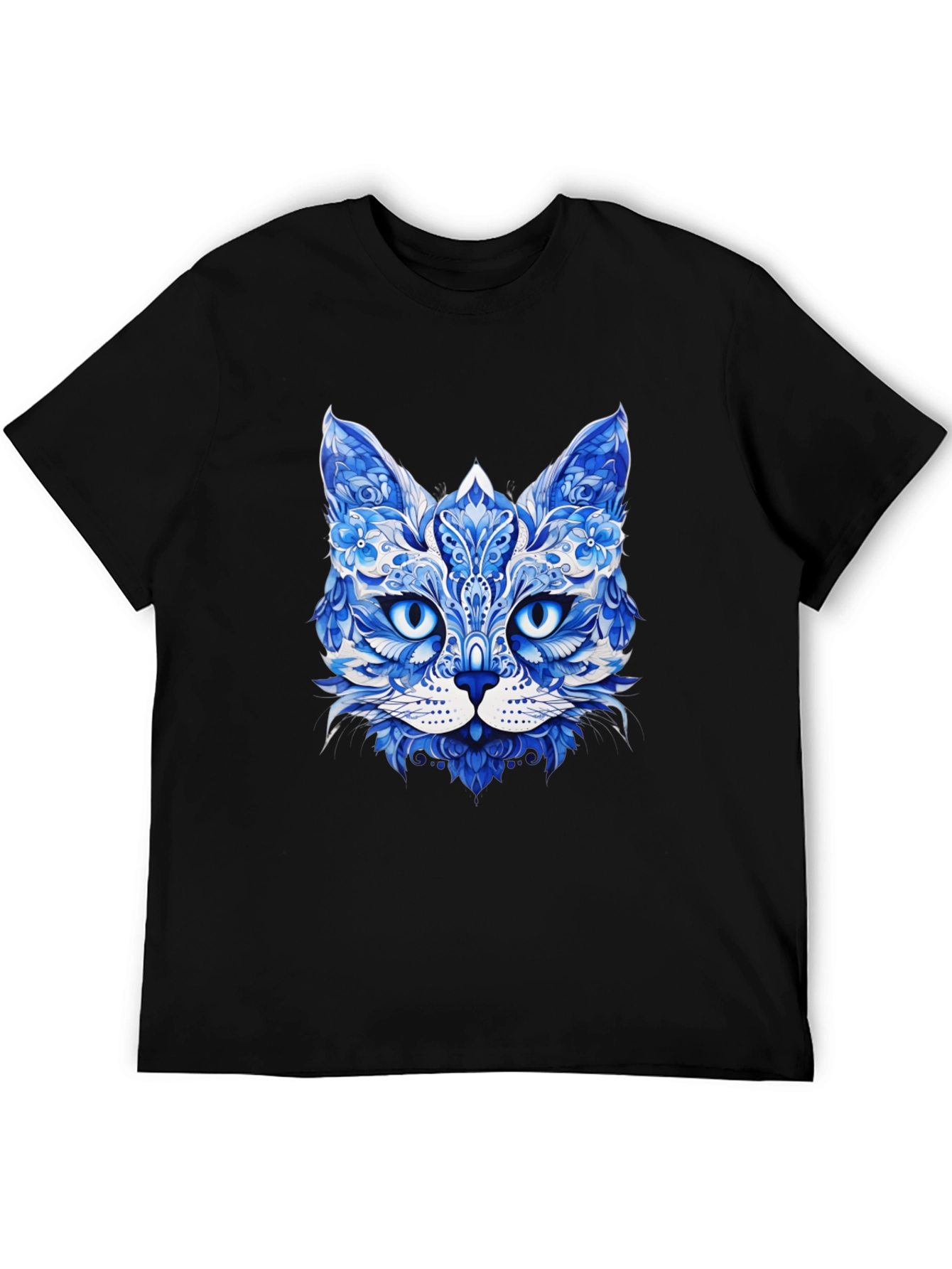 Blue Floral Cat Graphic Tee - Unique Artistic Design