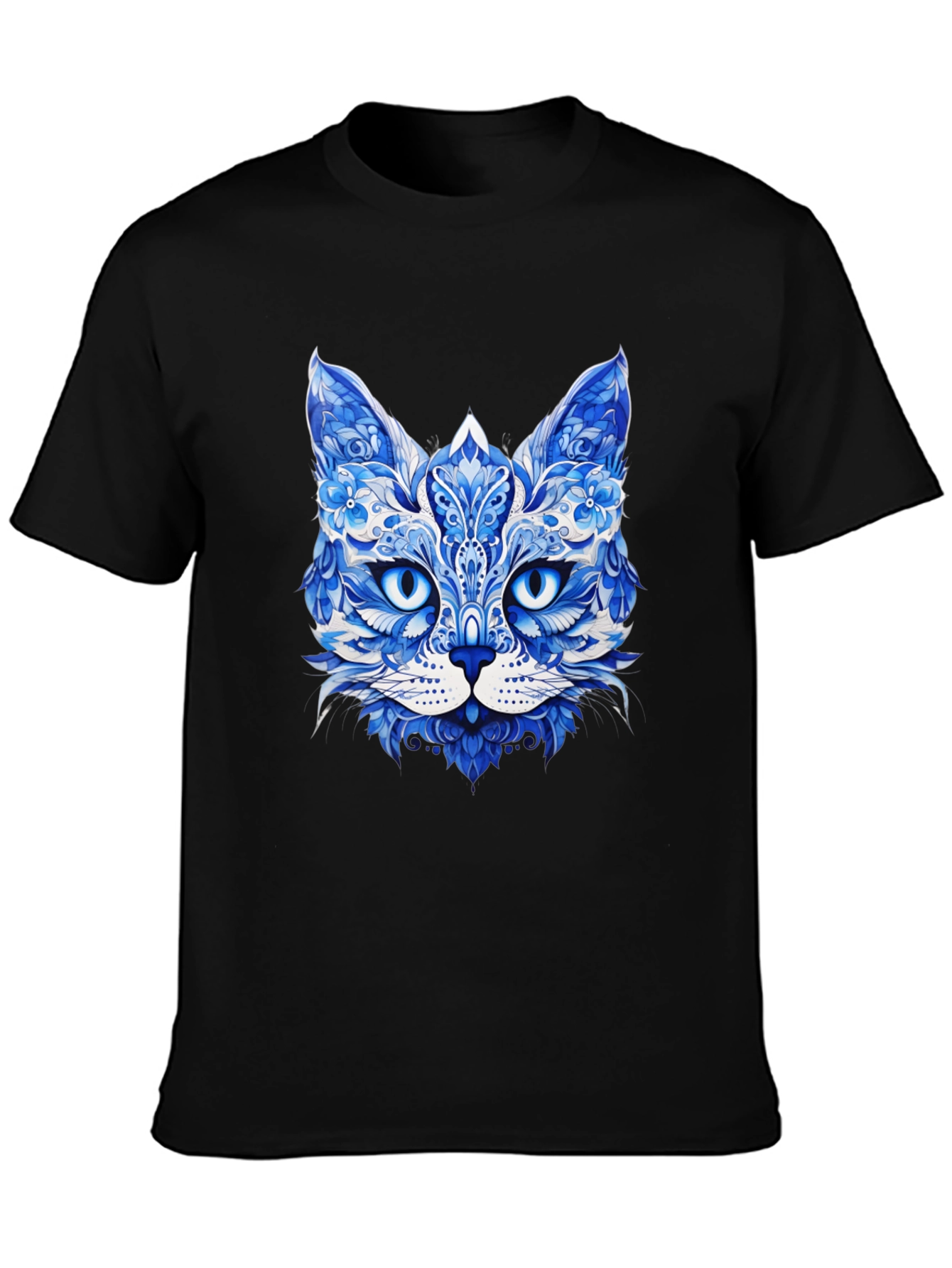 Blue Floral Cat Graphic Tee - Unique Artistic Design