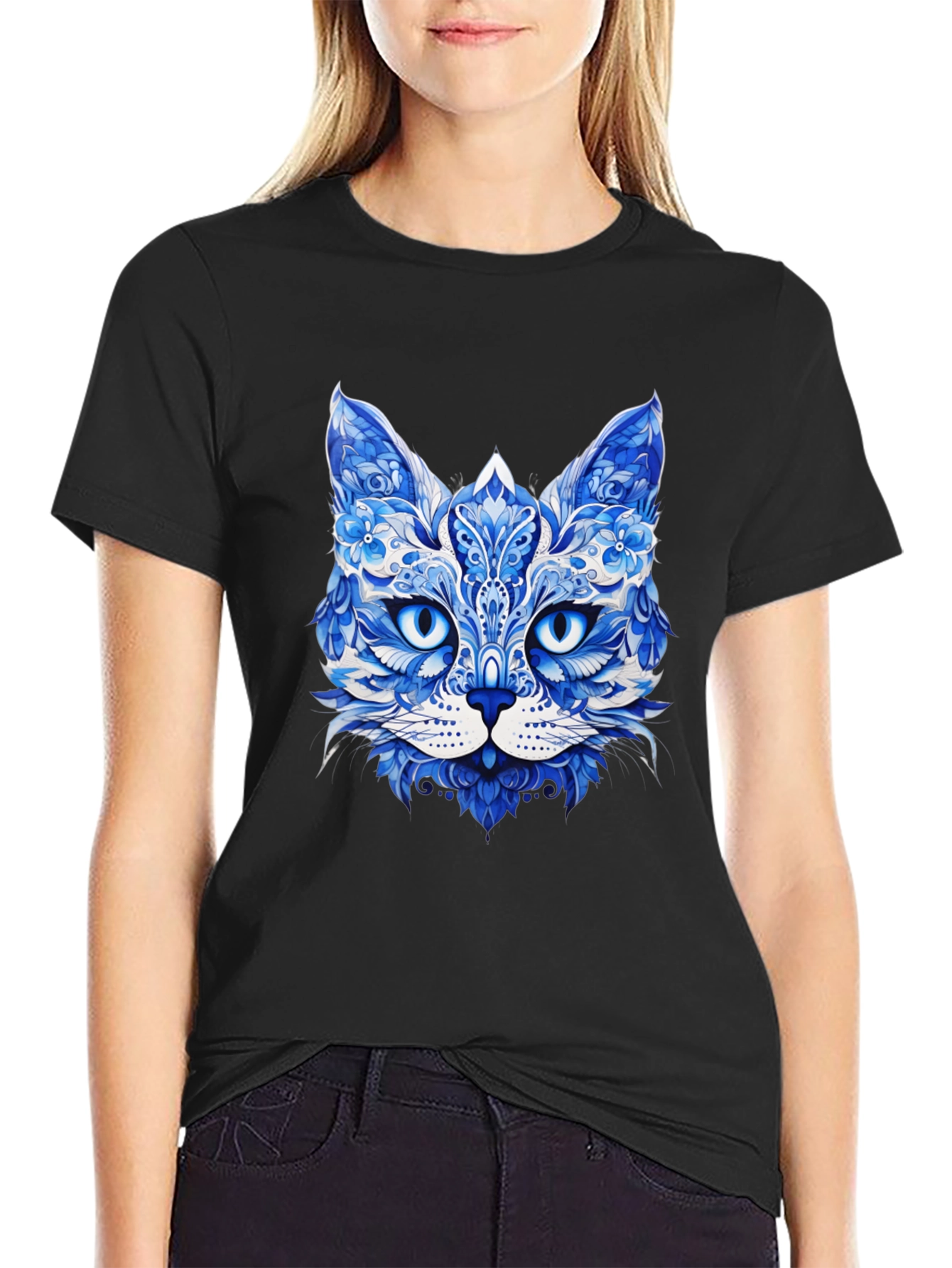 Blue Floral Cat Graphic Tee - Unique Artistic Design