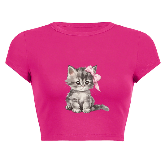 Pink Bow Cute Grey Kitten Hot Pink Crop Tee