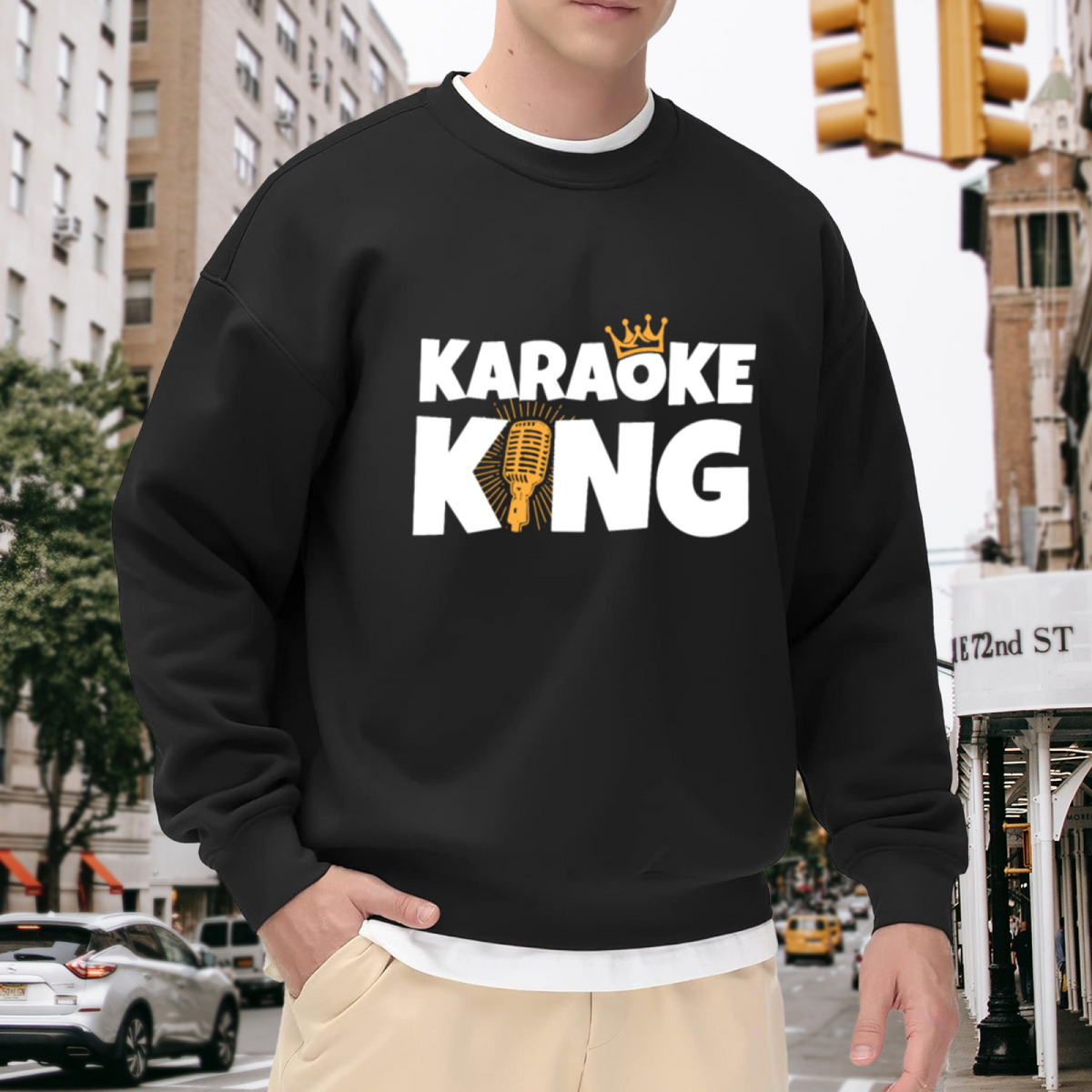 Karaoke King Crown Microphone Retro Crewneck Sweatshirt | Vintage Singing Graphic Pullover, Karaoke Lover Gift